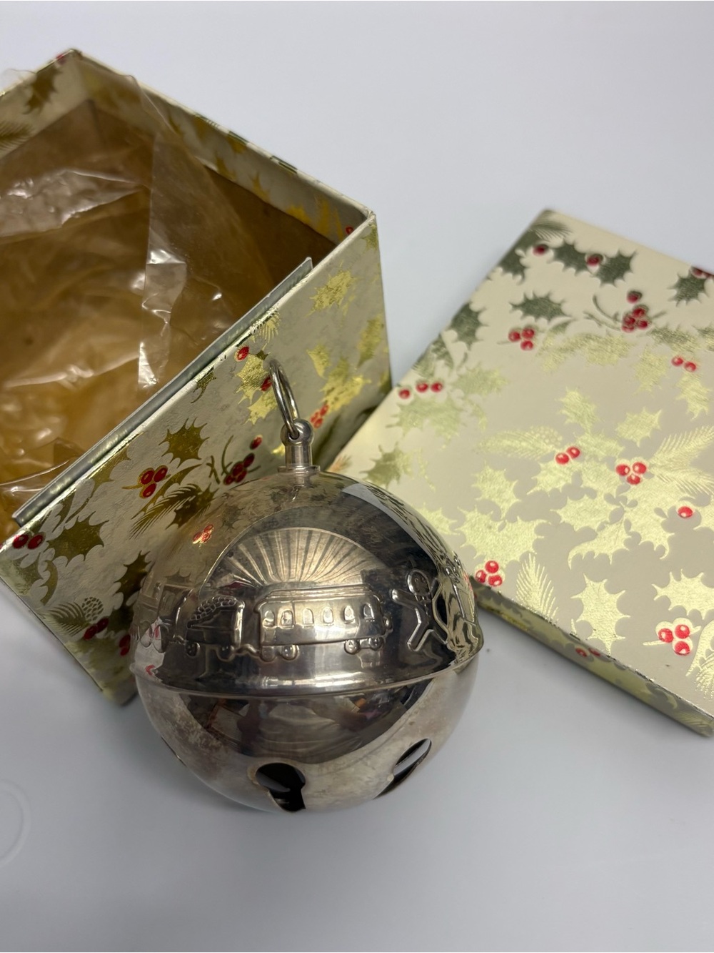 Vintage 1974 Wallace Silver Jingle Bell Ornament with Festive Gift Box